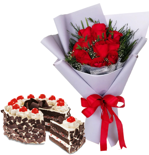 Buy 12 Red Roses Bouquet with Red Ribbon Black Forest Cake in Manila ...