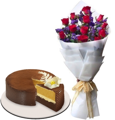 Online 12 Red Roses Bouquet with Red Ribbon Cappuccino Creme Cake in ...