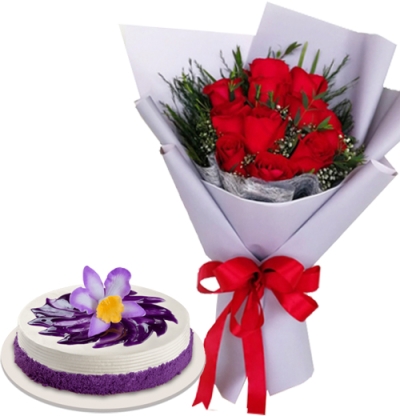 Buy 12 Red Roses Bouquet with Red Ribbon Ube Bloom Cake in Manila City ...